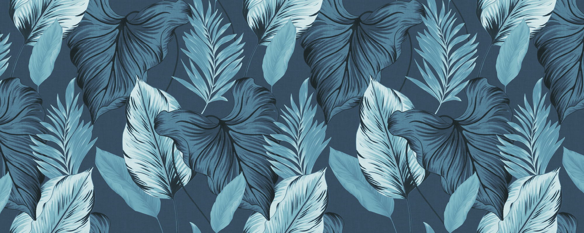 Papier peint bleu feuilles tropicales